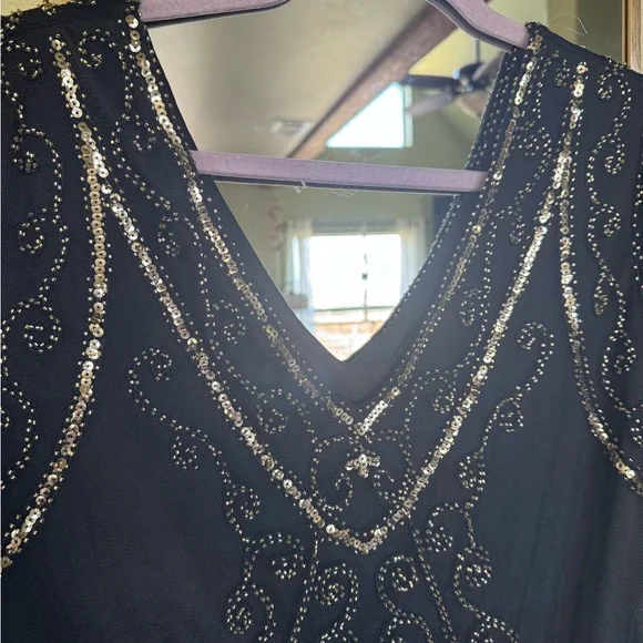 Flapper Style roaring 20’s Babeyond Black and Gold Beaded Dress with fringe XXL - Picture 4 of 8